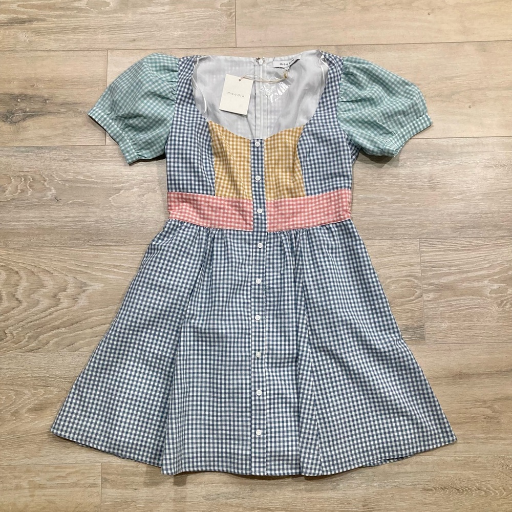 Moodie Midi Dress Multicolor Gingham Check Womens Medium Pockets NEW NWT